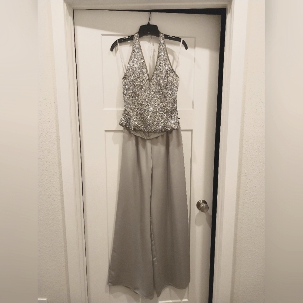 Sparkly Silver Sequin Halter Top and Wide Leg Pant 2-piece set